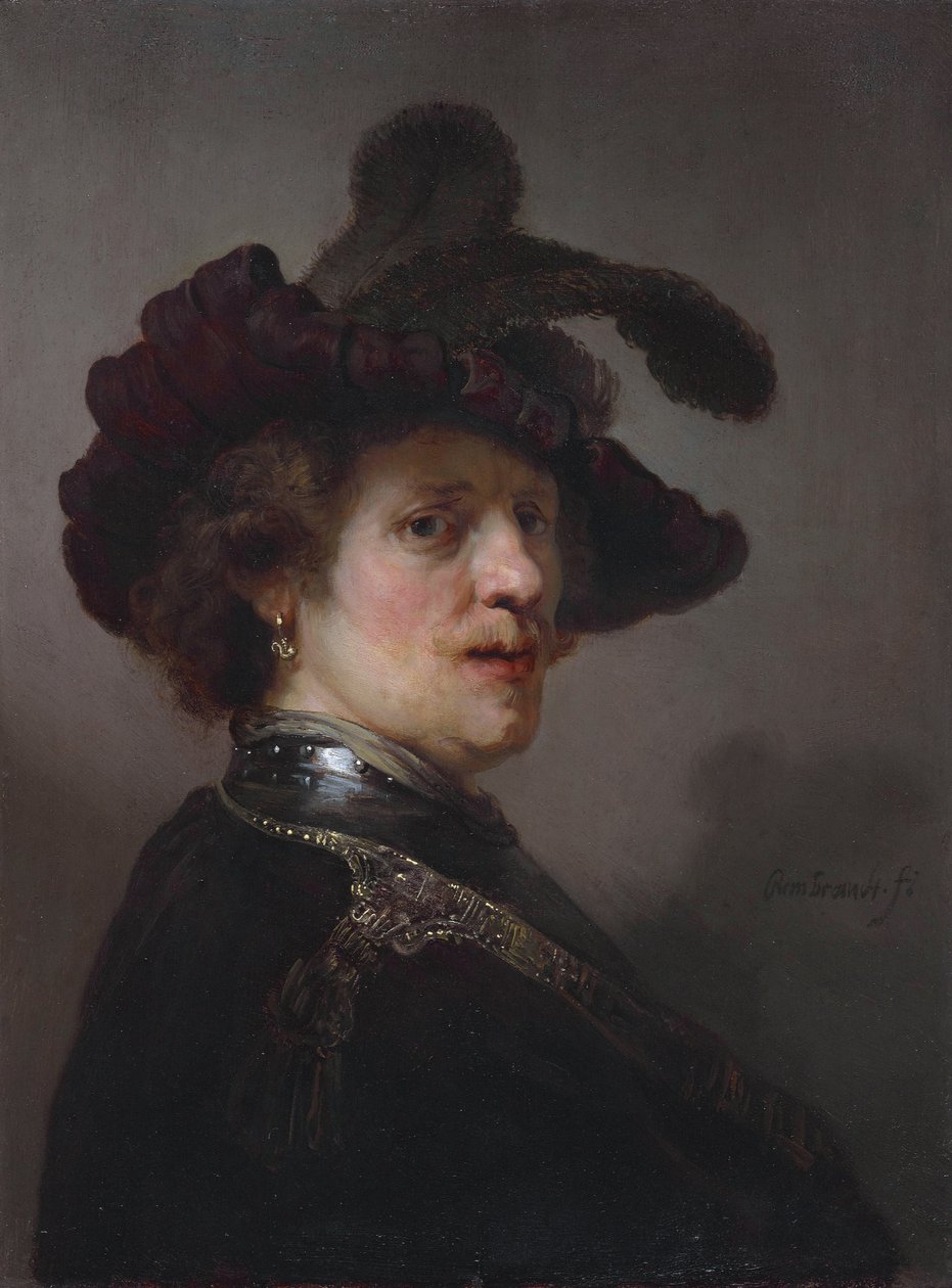 Tronie of a man with a feathered beret av Rembrandt van Rijn