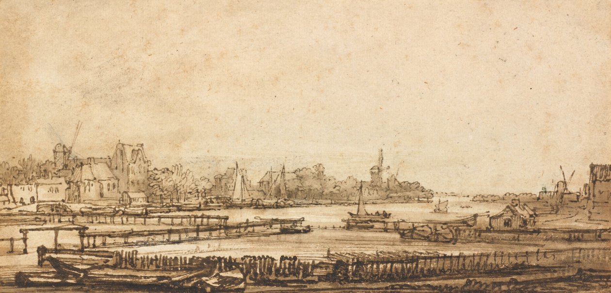 View over the Amstel from the Rampart av Rembrandt van Rijn