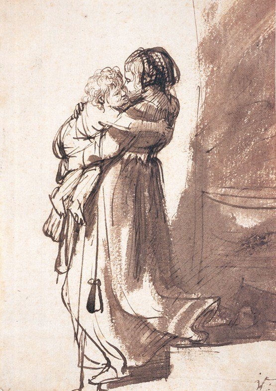 Woman Carrying a Child Downstairs av Rembrandt van Rijn