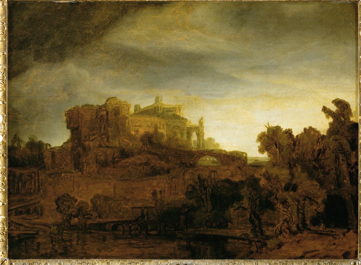 Slott i skymningen ... av Rembrandt Harmensz. van Rijn
