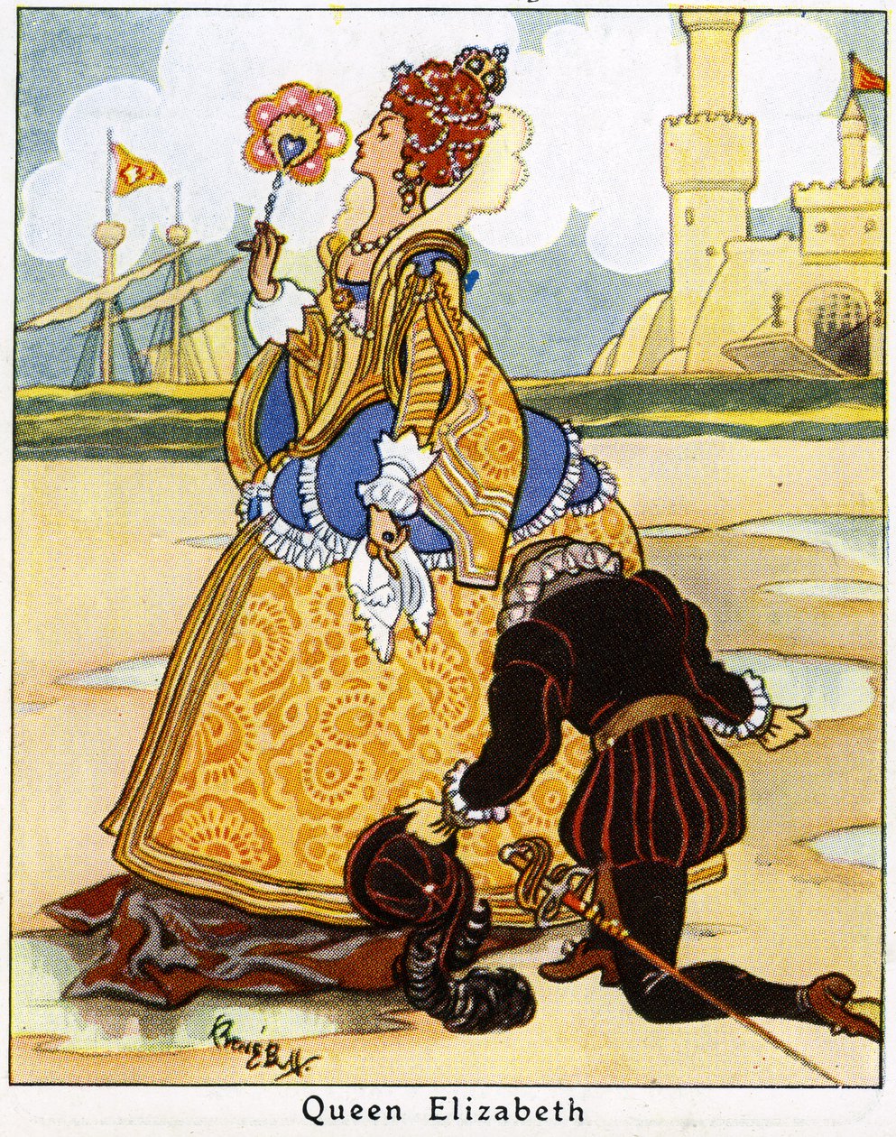 Sir Walter Raleigh lägger sin mantel inför drottning Elizabeth I för att gå över en pöl, 1936 av René Bull