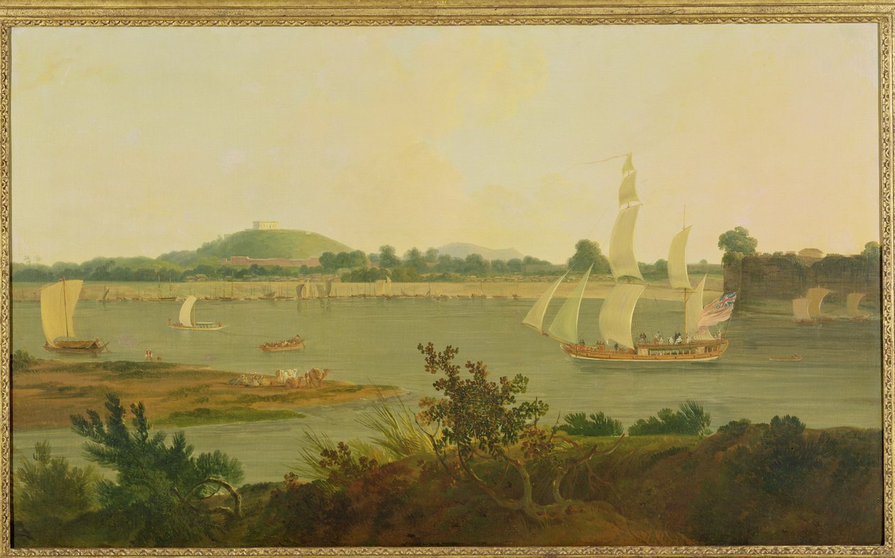 Pinnace seglar nerför Ganges förbi Monghyr Fort, ca 1791 av Rev. Edward Thomas Daniell