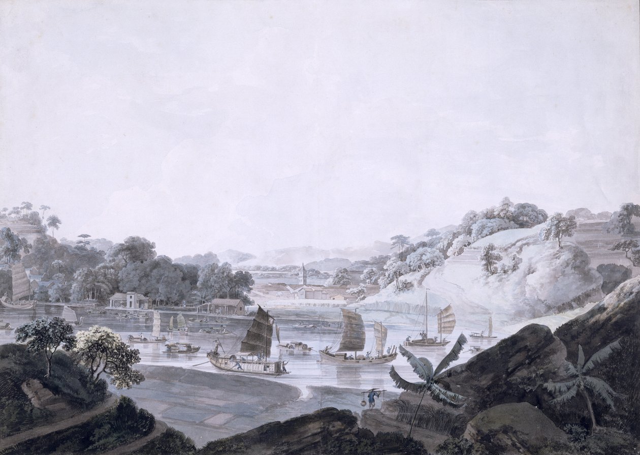Vy över Some-Cheon på French Island, tagen från Danes Island, Kina, 1793-94 (wc över grafit på lagt papper) av Rev. Edward Thomas Daniell