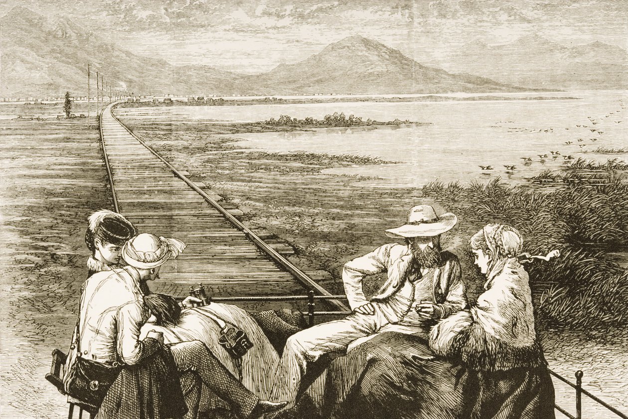 En inspektionsbil på Pacific Railway närmar sig Great Salt Lake, c.1880 av Reverend Samuel Manning
