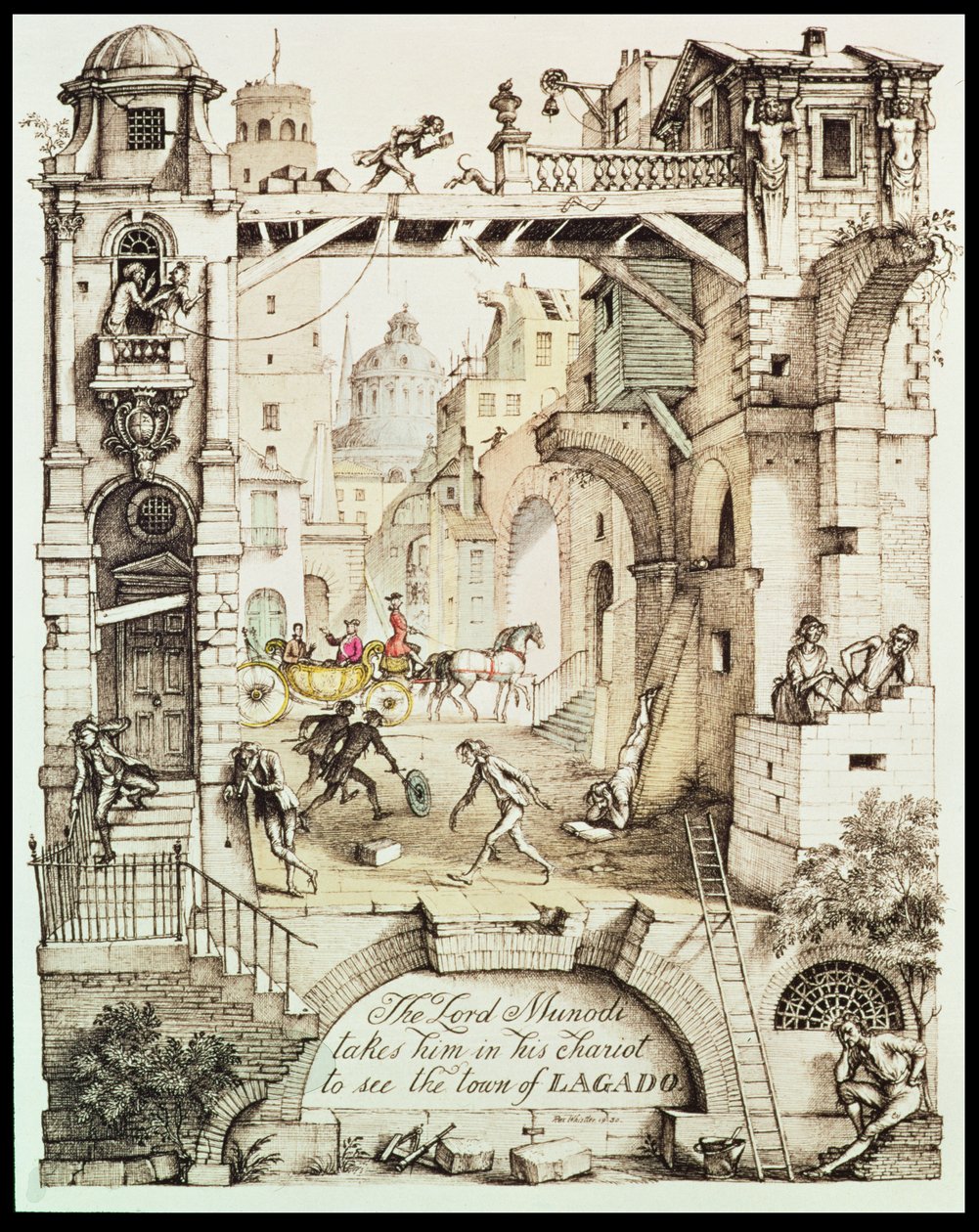 "Lord Munodi tar honom i sin vagn för att se staden Lagado", illustration från "Gullivers resor" av Jonathan Swift (1667-1745). av Rex Whistler