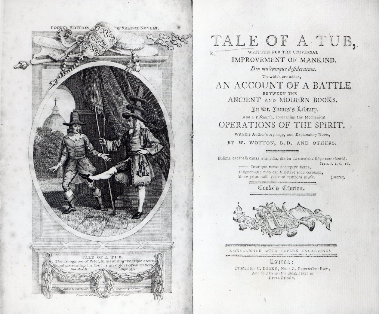 Frontispice och titelsida till "A Tale of a Tub" av Jonathan Swift, graverad av Charles Warren, 1798 av Richard Corbould