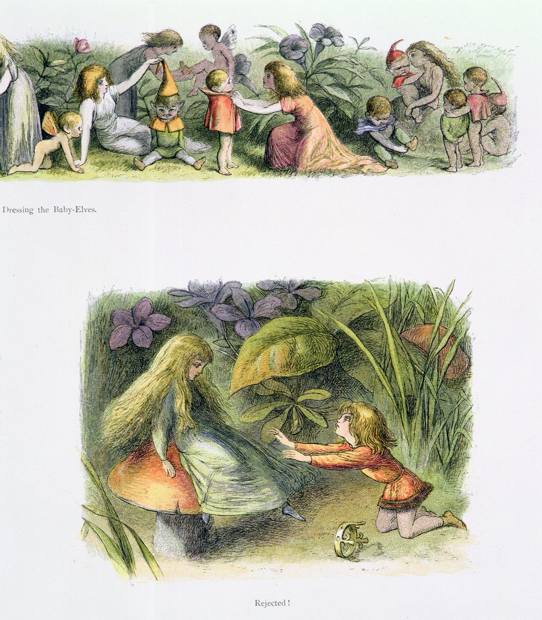 Dressing the Baby Elves, and Rejected!, illustrationer från "In Fairyland: A Series of Pictures from the Elf-World" av William Allingham och Andrew Lang (se även 222018) av Richard Doyle