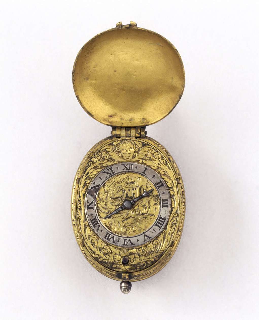 Oval kant escapement klocka, c.1630 (silver och förgylld metall) av Richard Jackson