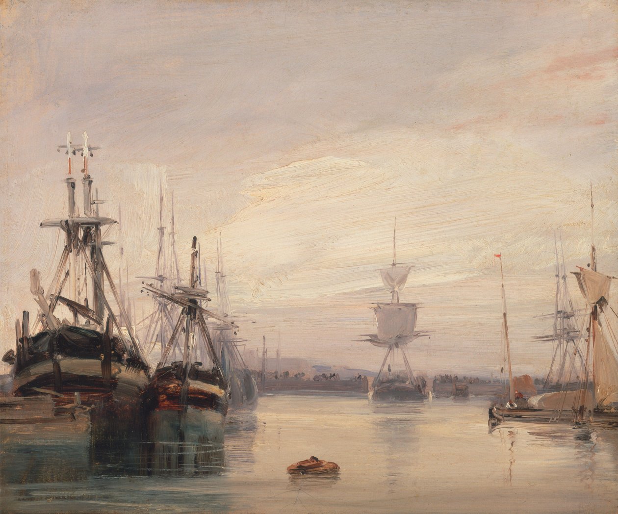 En fransk hamnscen (olja på kvarnbräda) av Richard Parkes circle of Bonington