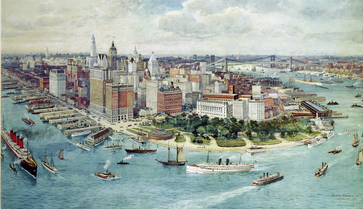 En fågelperspektiv över Lower Manhattan, 1911 av Richard Rummell