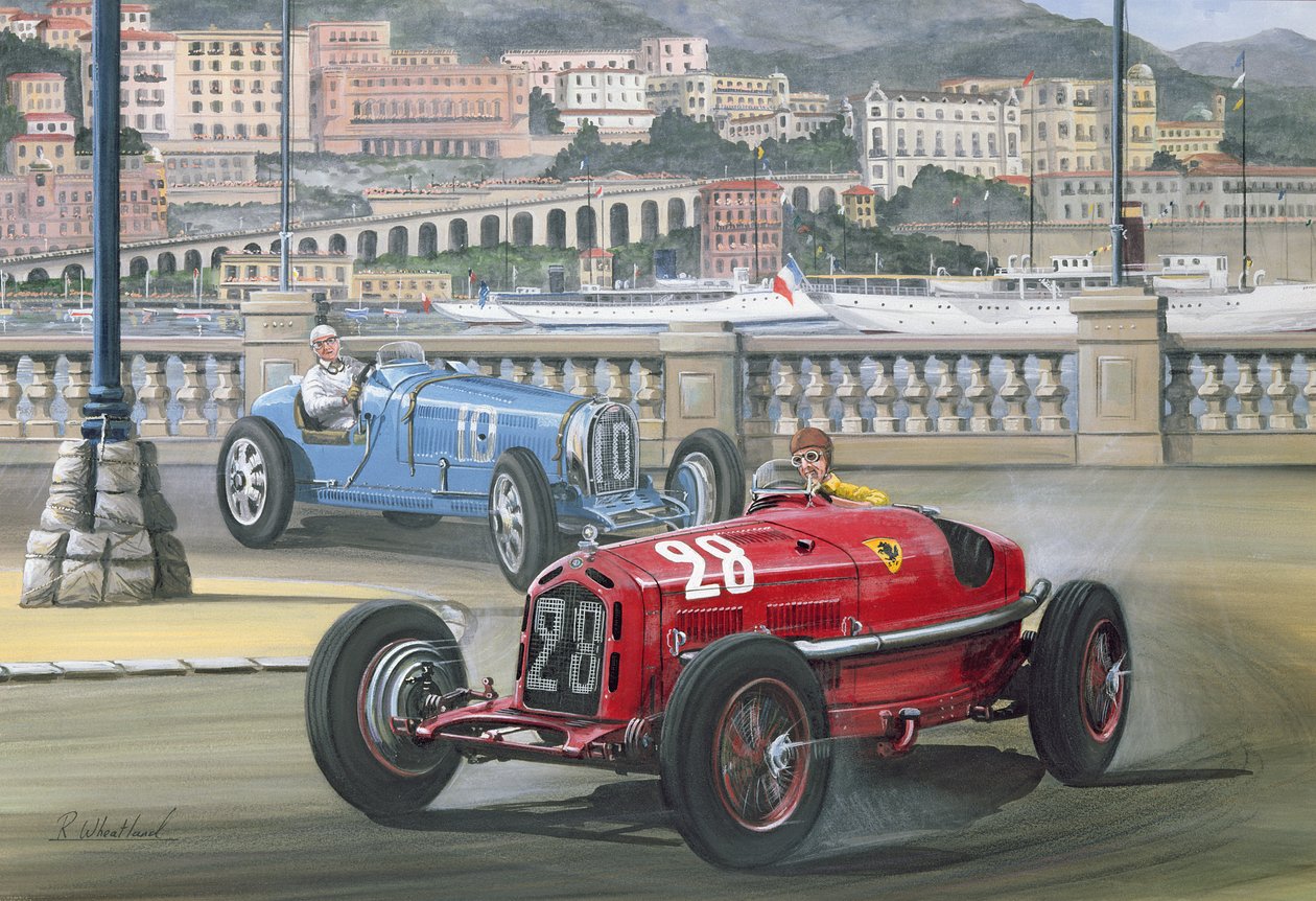 Duell på hamnfronten, Monaco Grand Prix 1933 (wc & gouache) av Richard Wheatland