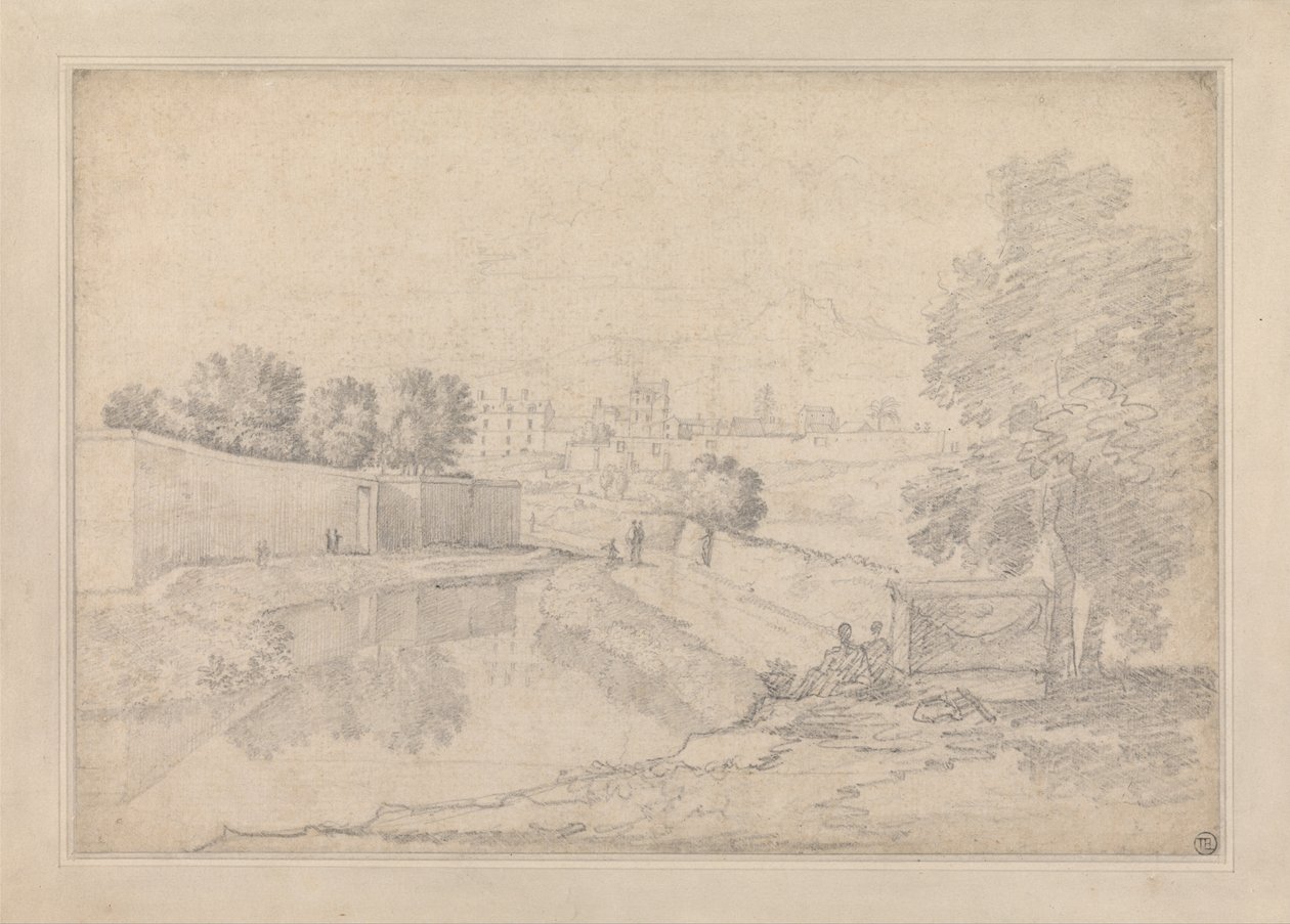 Italian Landscape with River Running Between High Wall at Left and High Bank at Right Towards a Smal... av Richard Wilson