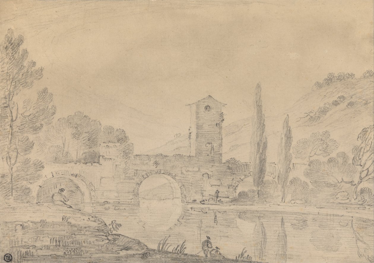 Italian Landscape with Three-Arched Bridge, Bridgehouse, Figures on near Bank, and Poplars on Farthe... av Richard Wilson