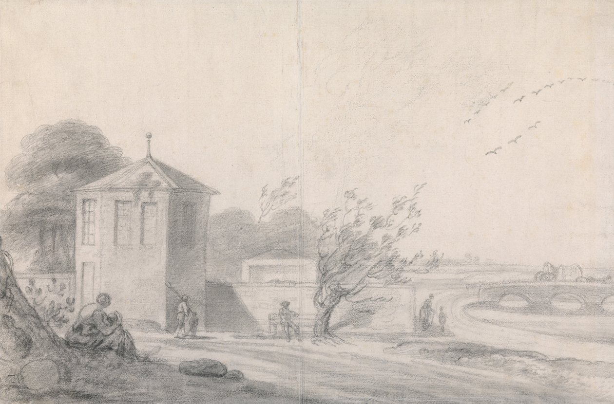 Riverside Scene with Figures, Hexagonal Building Left and Horse-Drawn Wagon Crossing Bridge at Right av Richard Wilson