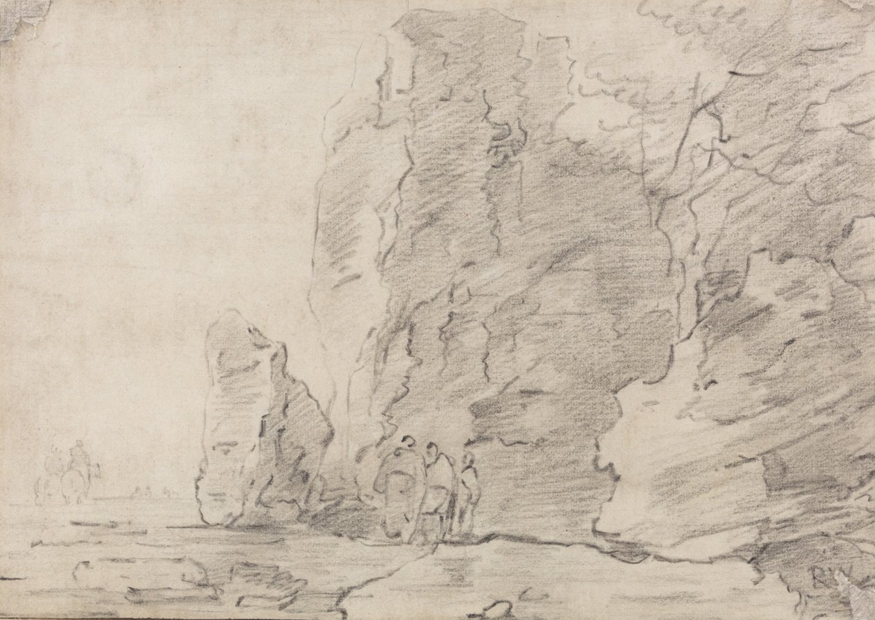 Three Figures Standing by Rocky Cliffs, Two Horsemen in Distance Left av Richard Wilson