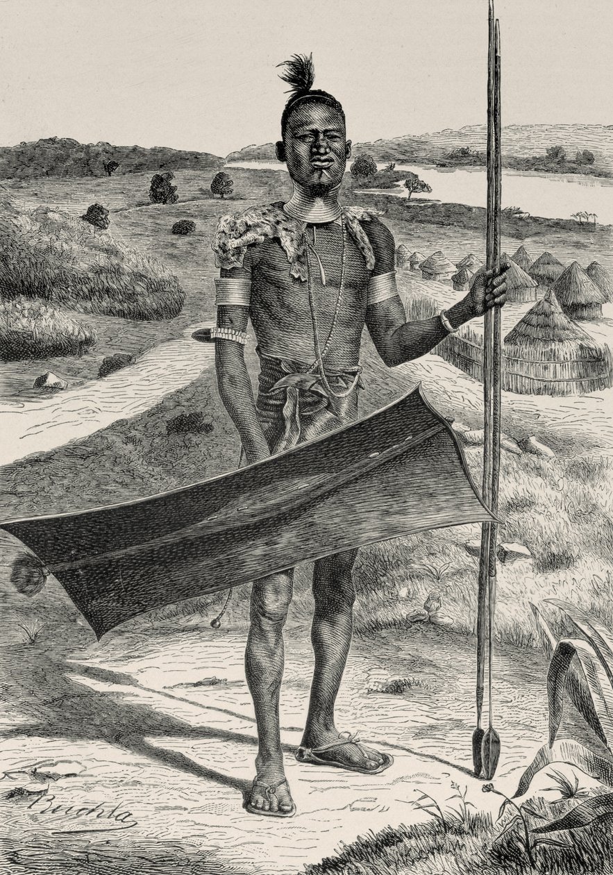 Shuli Warrior Fullt Utrustad: By i bakgrunden, från The History of Mankind av Prof. Friedrich Ratzel, pub. år 1904 av Richard Buchta
