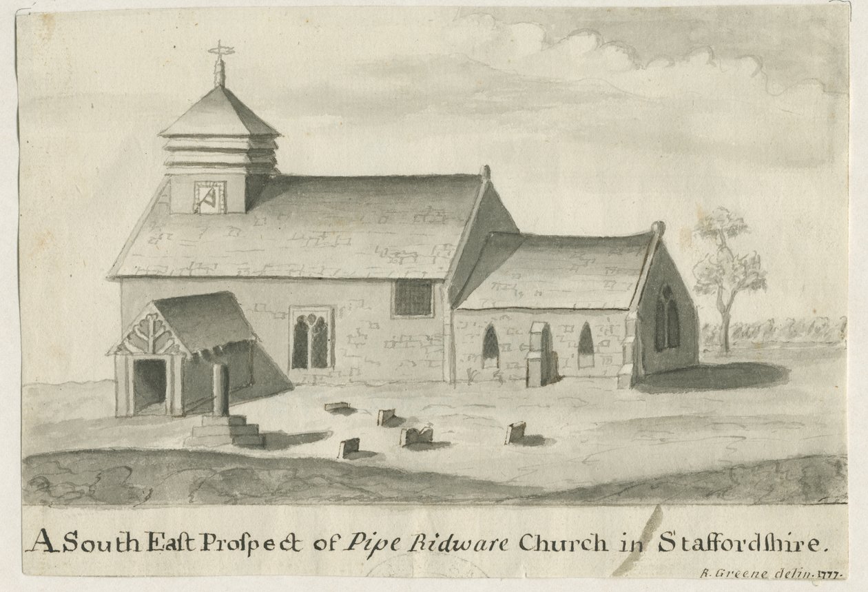 Pipe Ridware Church: sepiamålning, 1777 av Richard Greene