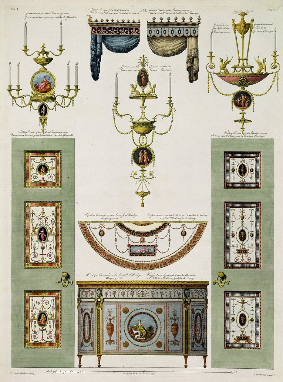 Motiv för gardin taklister, girandoler och vikdörrar, 1774 (tryck) (för detaljer se 61958) av Robert Adam