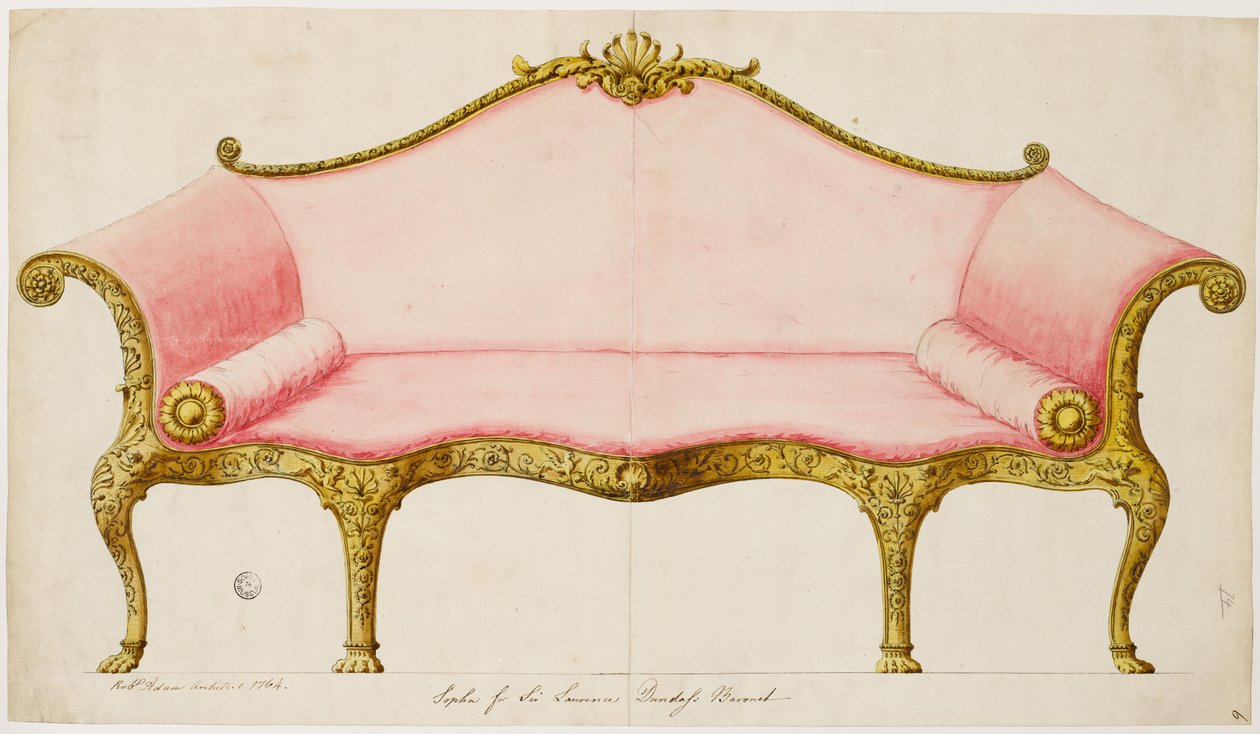 Färdig ritning av en soffa för salongen, utförd 1764 (penna och bläck med tvätt på papper) av Robert Adam
