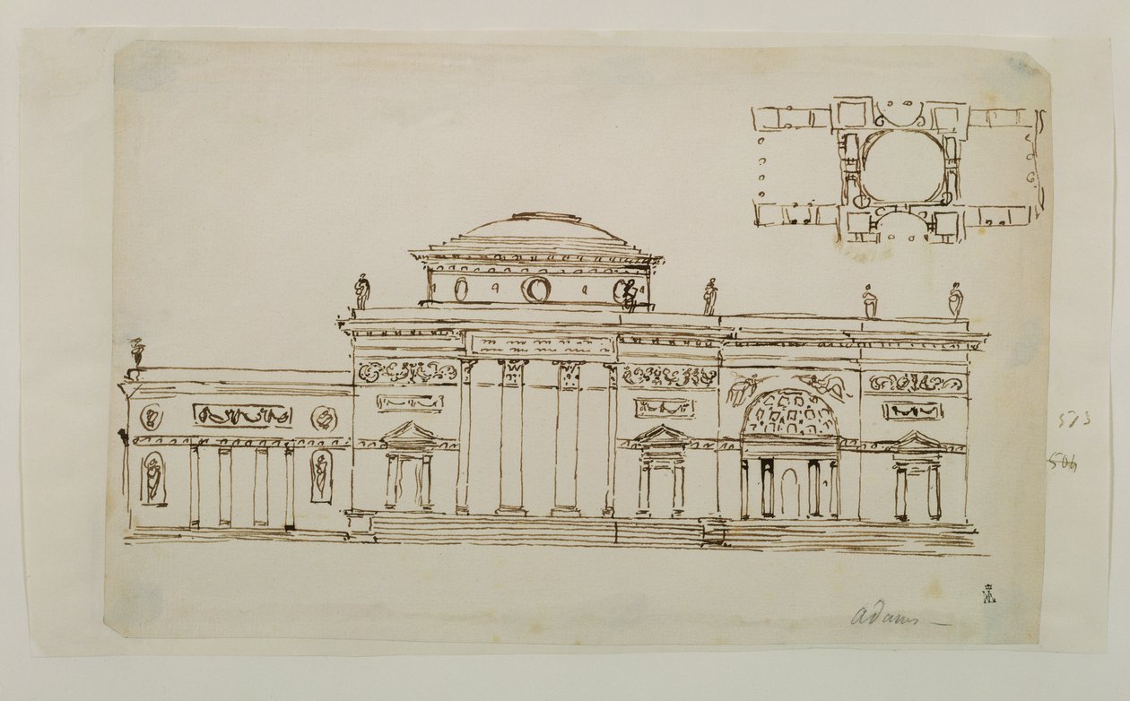 Skissad design för en kupolformad byggnad (penna och bläck) av Robert Adam