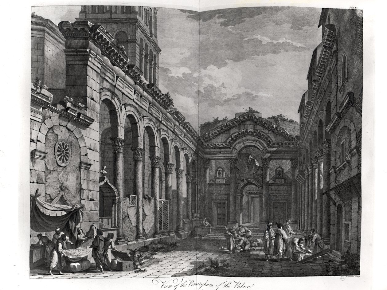 Utsikt över peristylen av Diocletianus palats (245-313), romersk kejsare 284-305, vid Split på den dalmatiska kusten, graverad av P. Santini, 1768 av Robert Adam