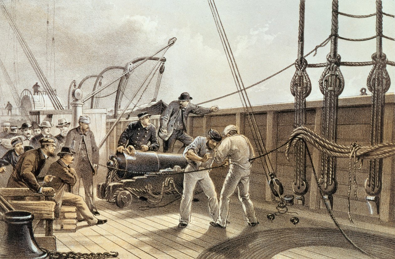 Skarva den transatlantiska telegrafkabeln (efter den första olyckan) ombord på "Great Eastern", 25 juli 1865, pub. av Lay och Son, c.1868 av Robert Ambrose Dudley