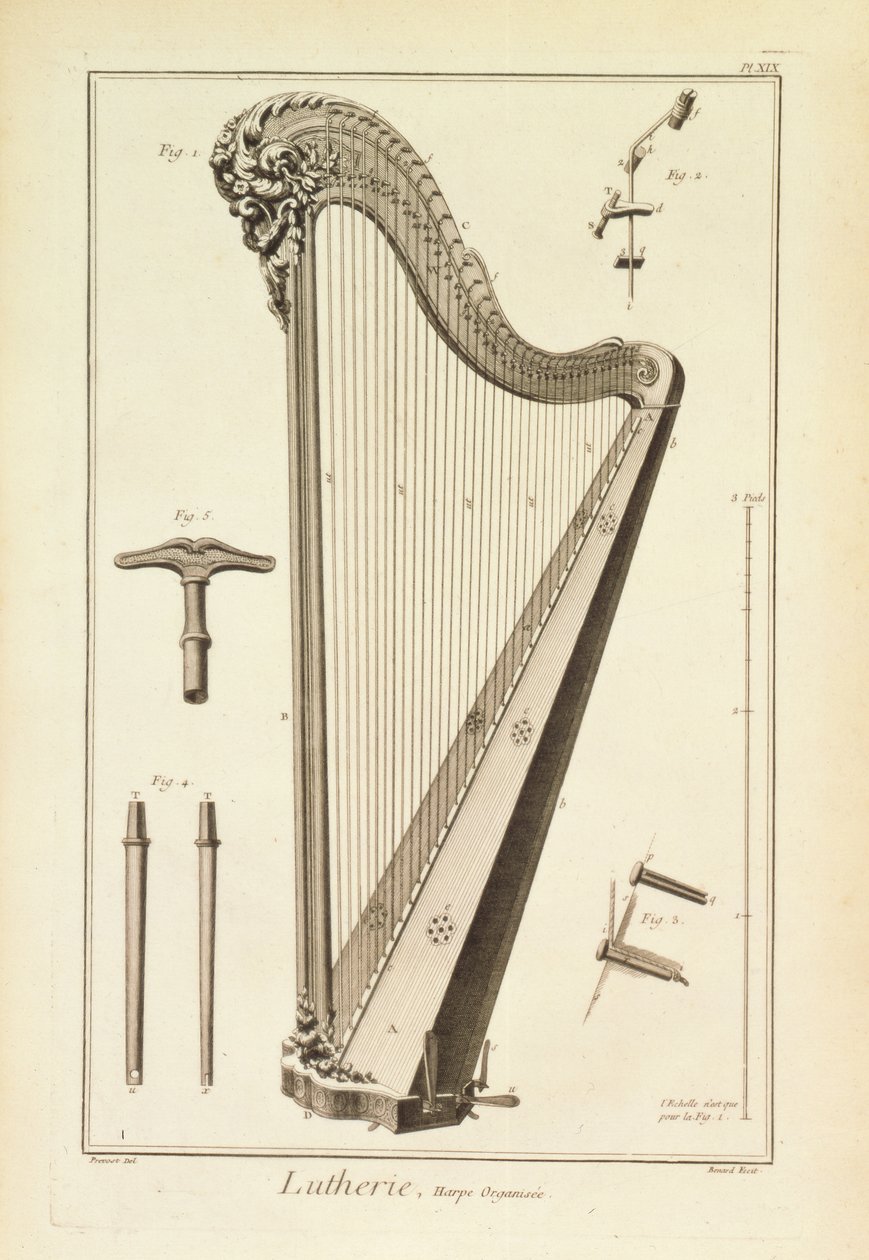 Plåt XIX: En harpa från Encyclopedia of Denis Diderot (1713-84) och Jean le Rond d