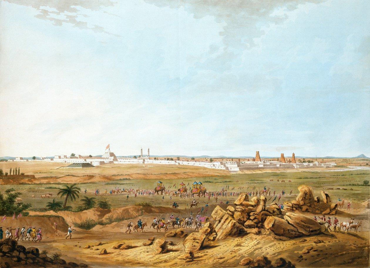 East View of Seringapatam den 15 maj 1791, illustration från Twelve Views of Mysore, Tippoo Sultanens land graverad och färglagd av J.W. Edy, publicerad 1804 (färgad akvatint) av Robert H. Colebrooke