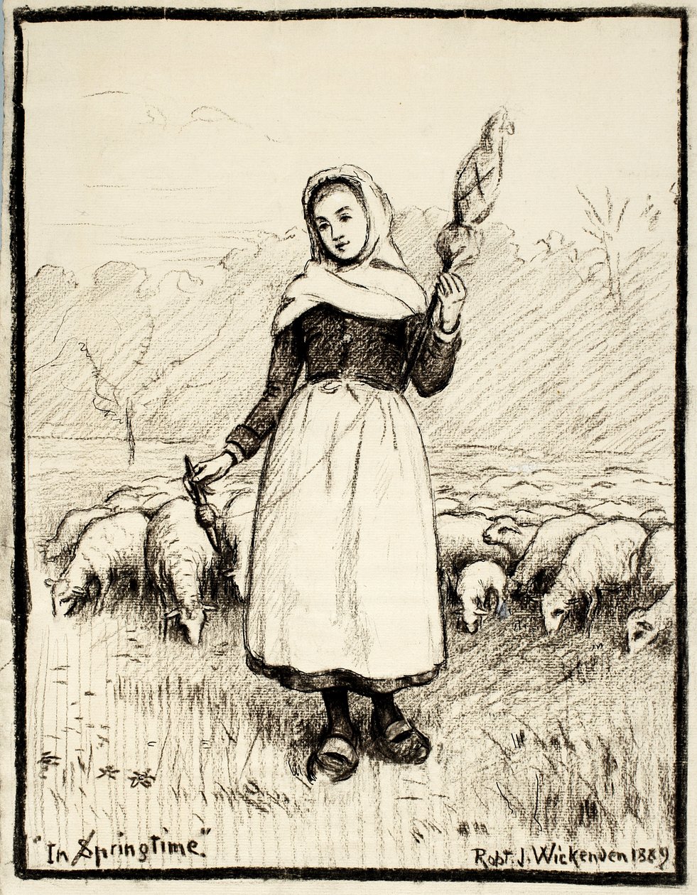 På våren, 1889 (kol & penna & bläck med vita korrigeringar på krämigt papper) av Robert J. Wickenden