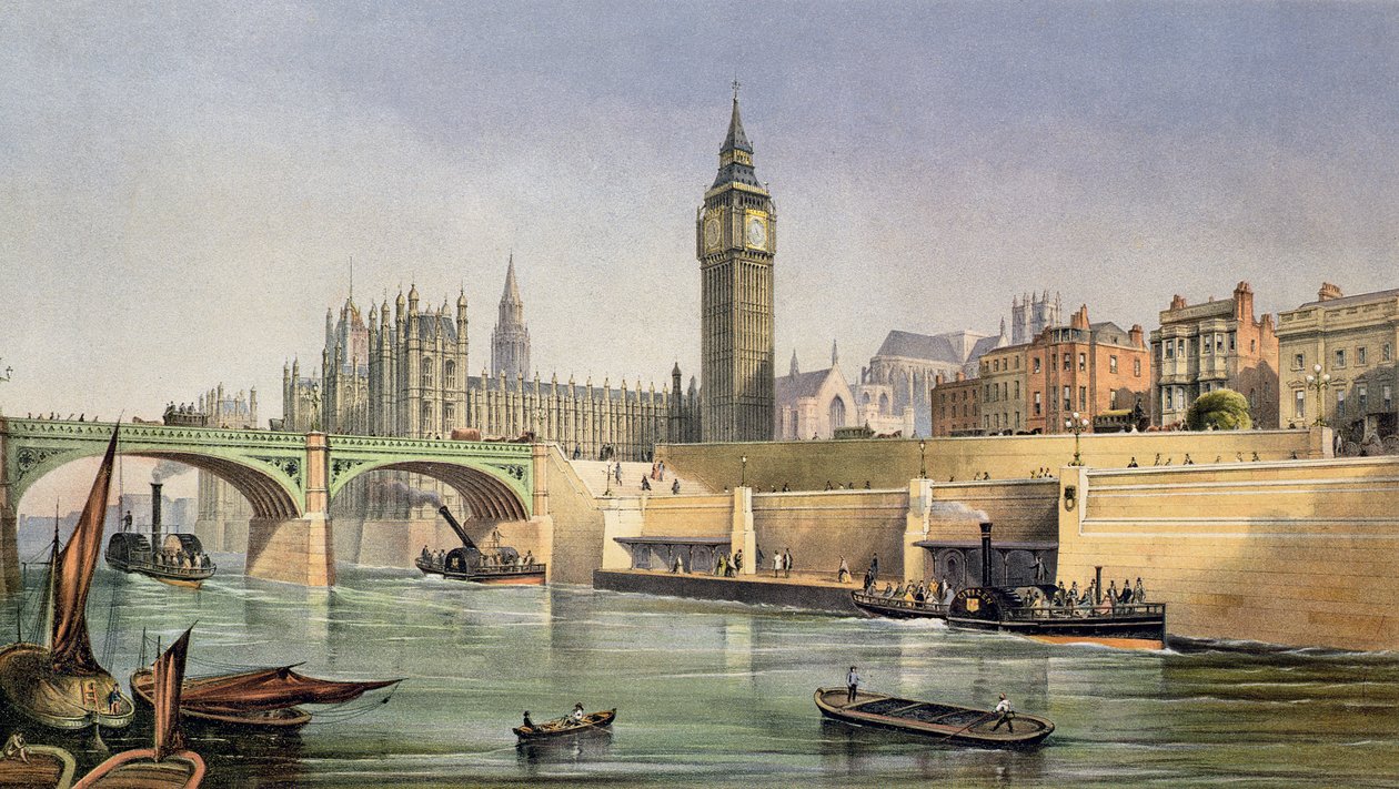 Thames Embankment som visar ångbåtens landningspir vid Westminster Bridge, graverad av Day and Son, 1864 av Robert Kent Thomas