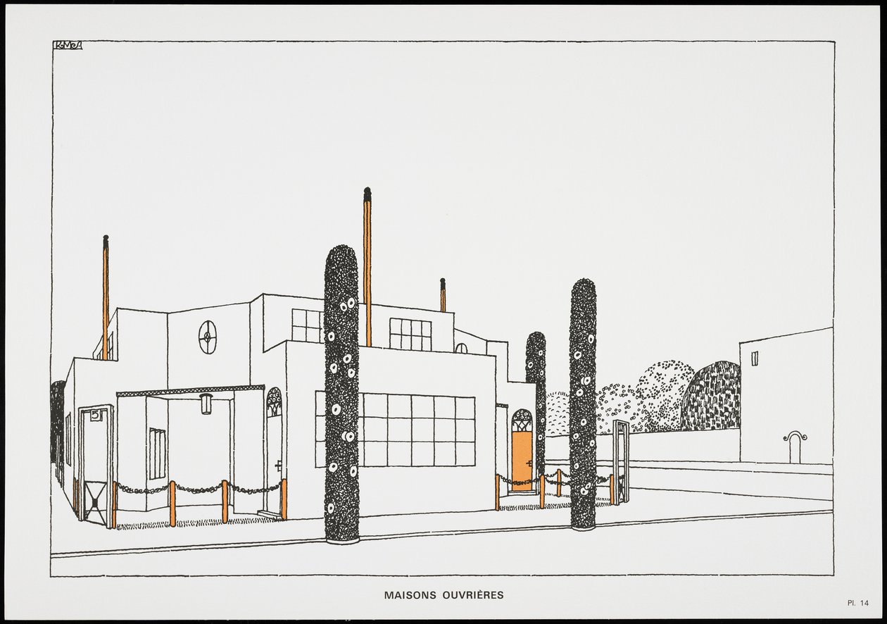 Arbetarhus, från Une Cite Moderne, Ritningar av Rob Mallet-Stevens Architecte, 1987 (publicerad) av Robert Mallet Stevens