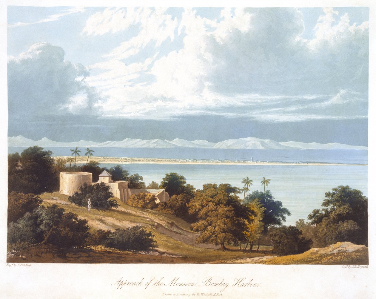 Approach of the Monsoon, Bombay Harbour, från en teckning av William Westall (1781-1850) från Scenery, Costumes and Architecture of India graverad av T. Fielding, färgad av J.B. Hogarth, publicerad 182 av Robert Melville after Grindlay