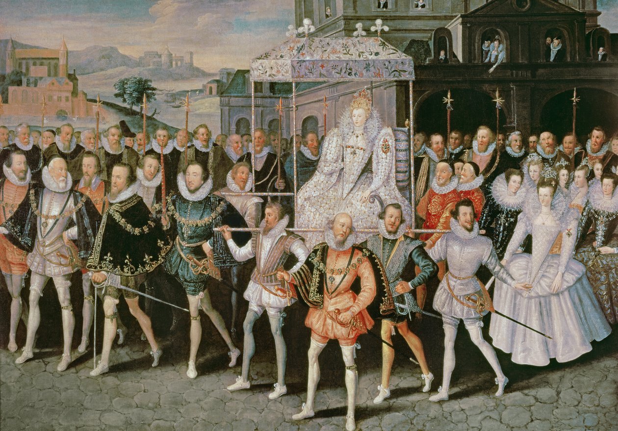 Drottning Elizabeth I (1533-1603) bärs i procession (Eliza Triumphans) c.1601 av Robert Peake