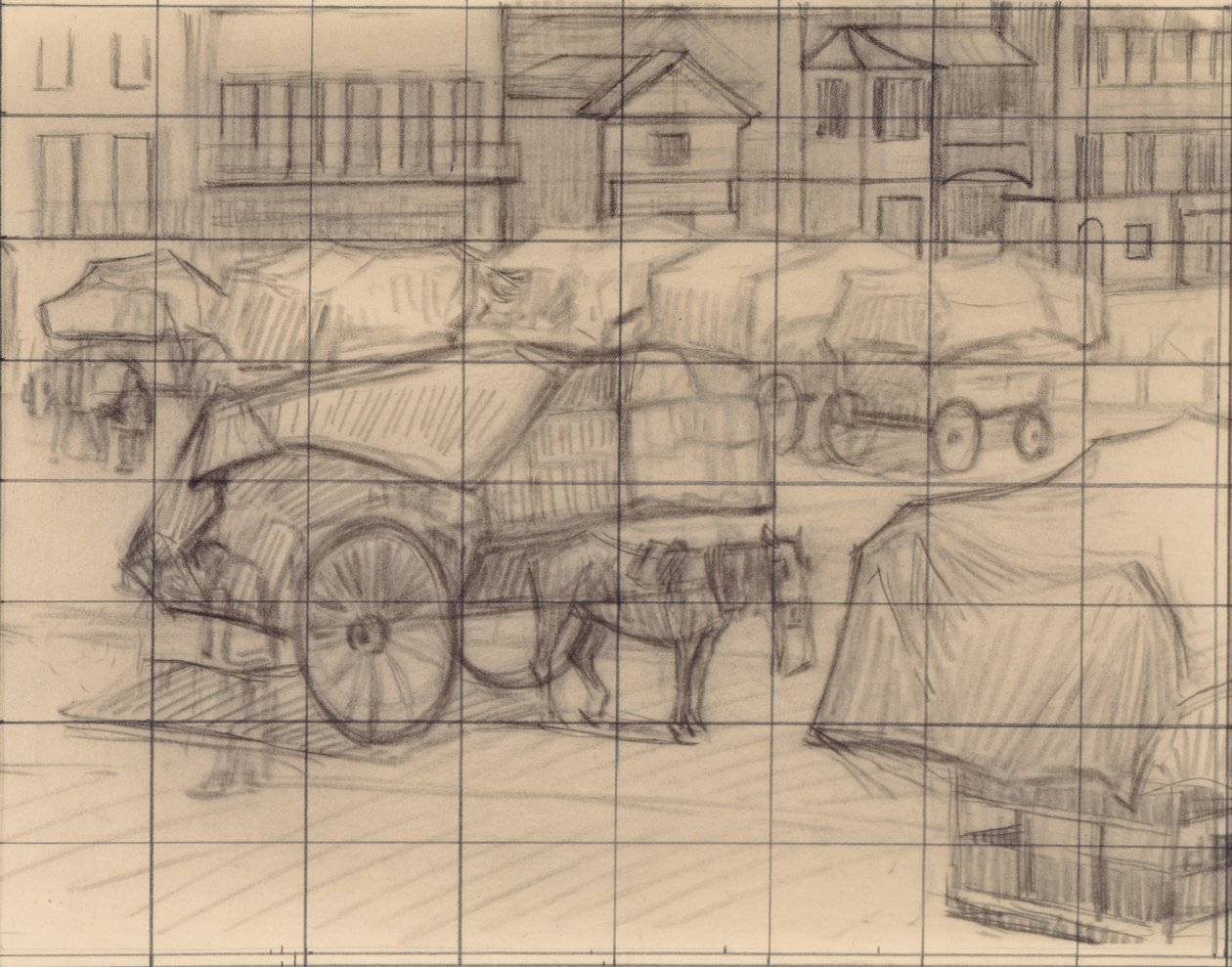 Hay Carts, Cumberland Market, ca 1915 (krita på papper) av Robert Polhill Bevan
