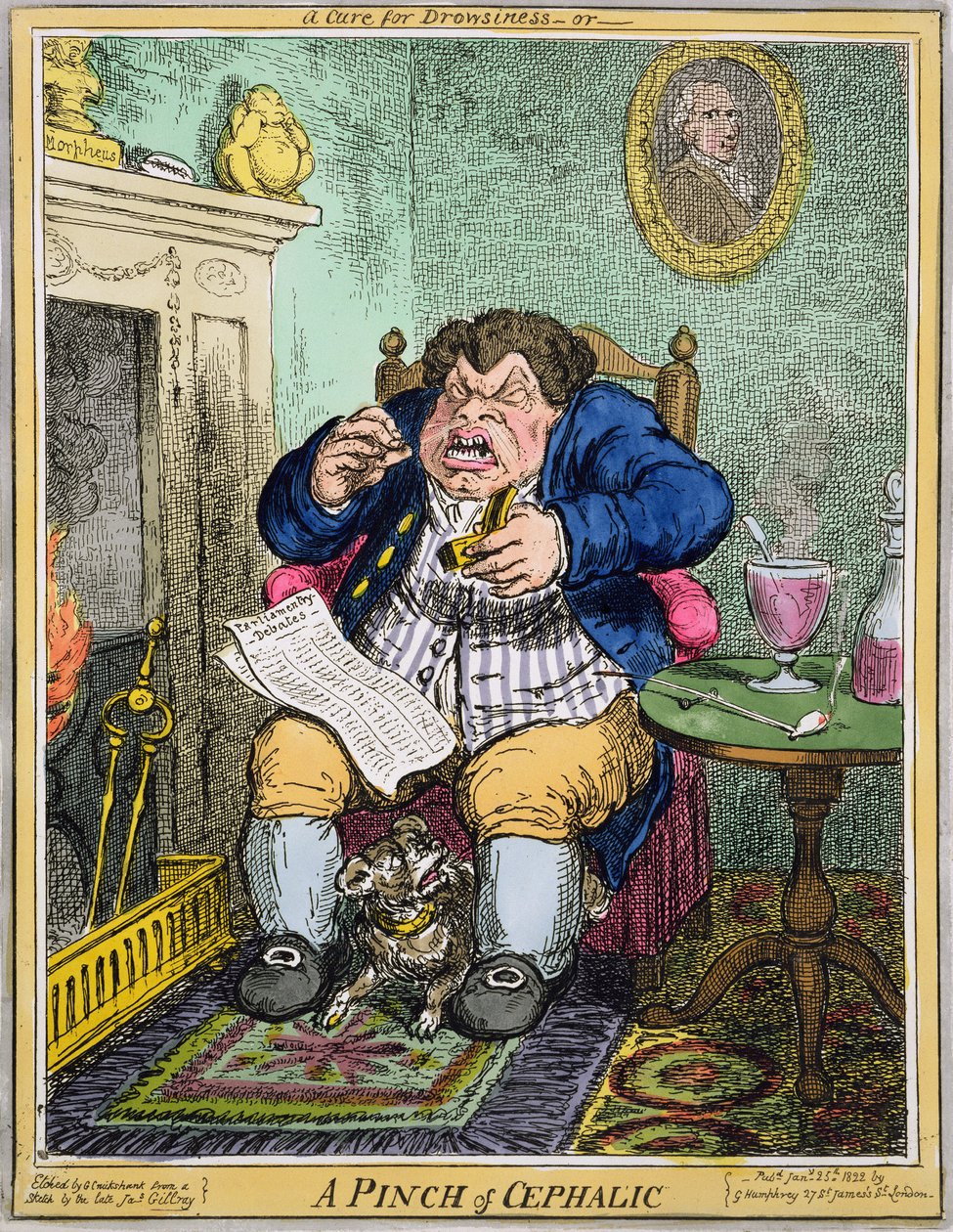 A Cure for Drowsiness or A Pinch of Cephalic, graverad av George Cruikshank (1792-1878), publicerad av G. Humphrey, 25 januari 1822 (färgad etsning) av Robert Seymour