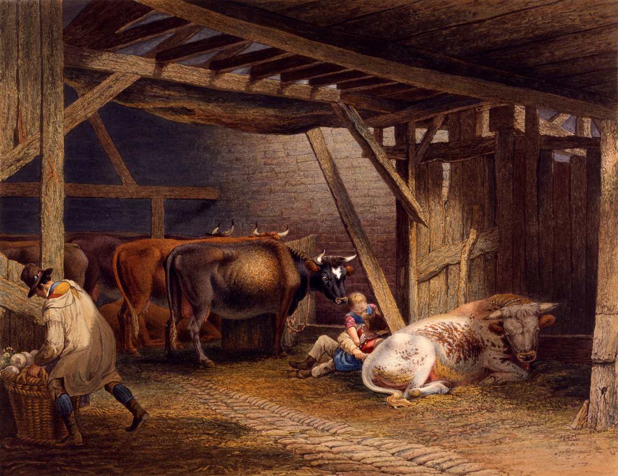 Ladugård (handfärgad akvatint) av Robert Hills