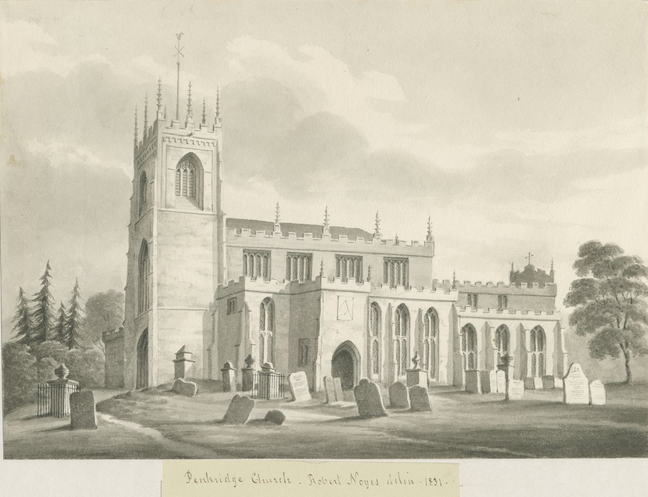 Penkridge Church: sepiatvättteckning, 1831 av Robert Noyes