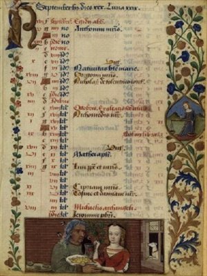Ms lat 1173 f.5 september; två figurer med frukt, från Charles dAngoulemes timmar, c.1480 av Robinet Testard