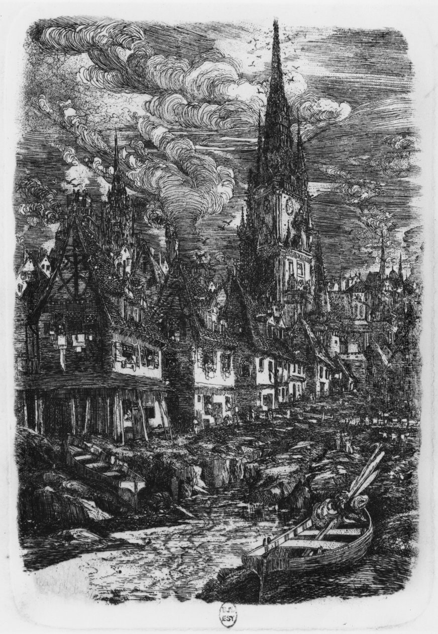 Fiskehamn med spetsigt torn, 1860 av Rodolphe Bresdin