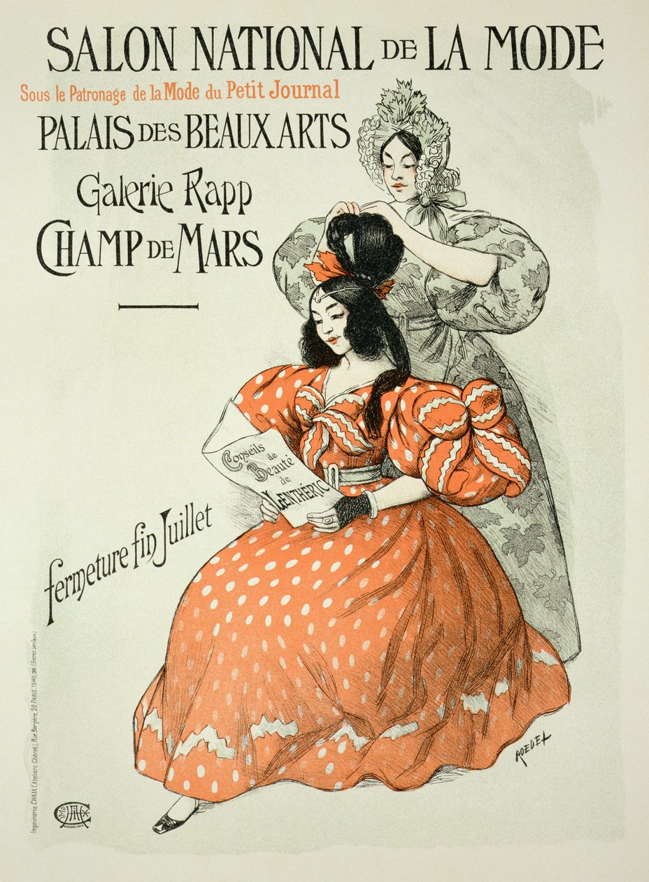 Reproduktion av en affisch som annonserar "Salon National de la Mode", Rapp Gallery, Paris, 1896 av Roedel