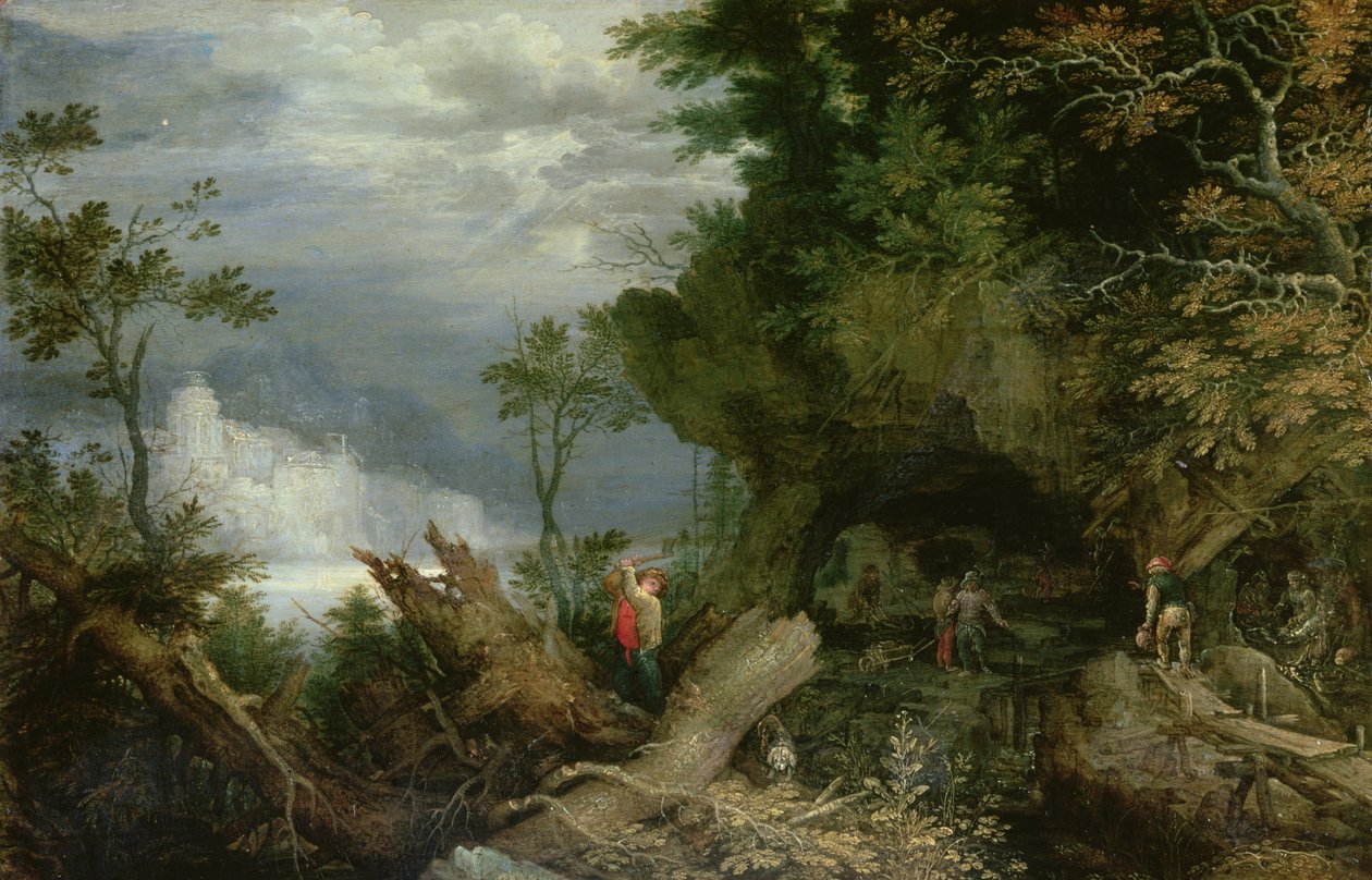 Ett stenigt landskap med ingången till en gruva av Roelandt Jacobsz. Savery
