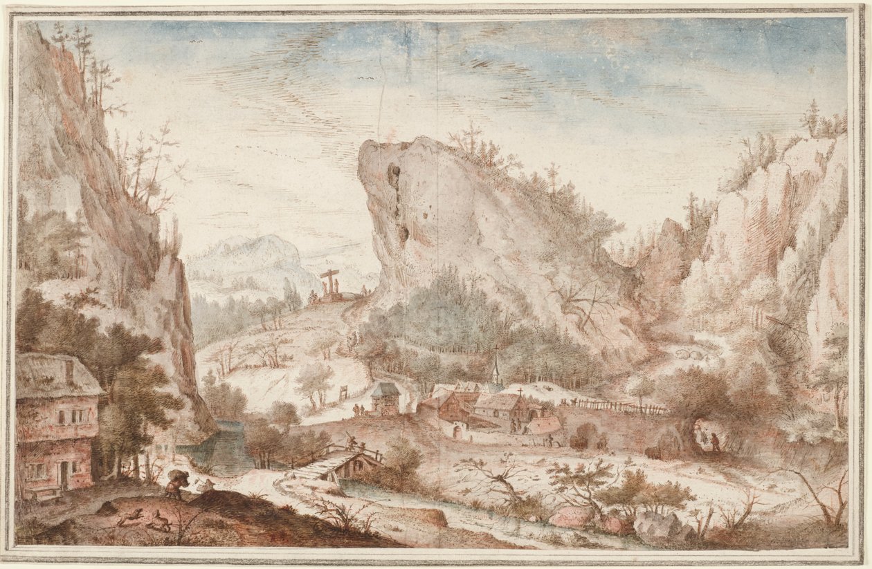 Alpinlandskap med resenärer nära en by av Roelant Savery