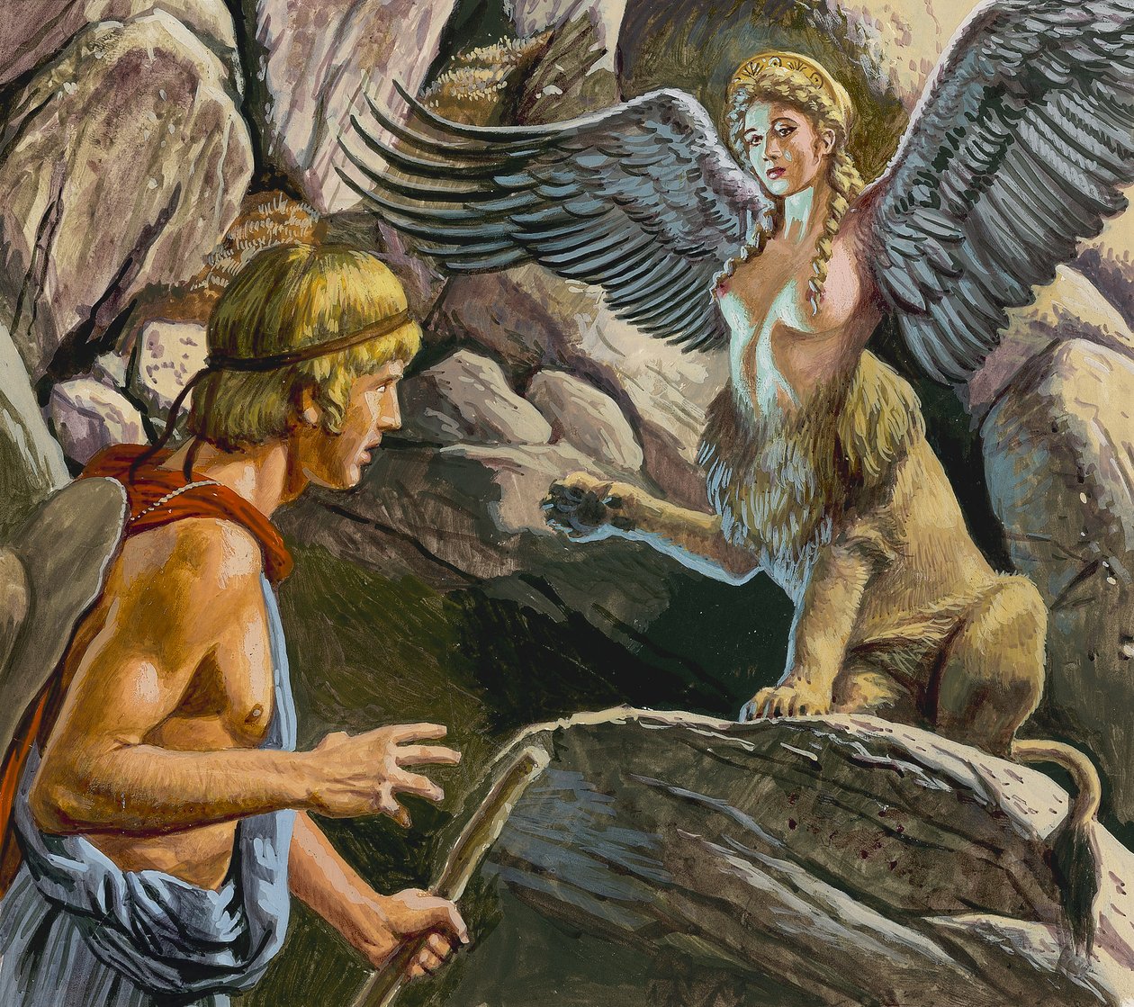 Oidipus möter sfinxen (gouache på papper) av Roger Payne