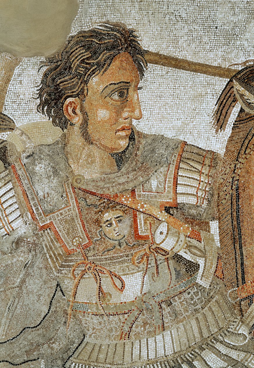 Alexander den store (356-323 f.Kr.) från "Alexandermosaiken", skildrar slaget vid Issus mellan Alexander och Dareios III (399-330 f.Kr.) 333 f.Kr., golvmosaik borttagen från Casa del Fauno (hus) av Roman