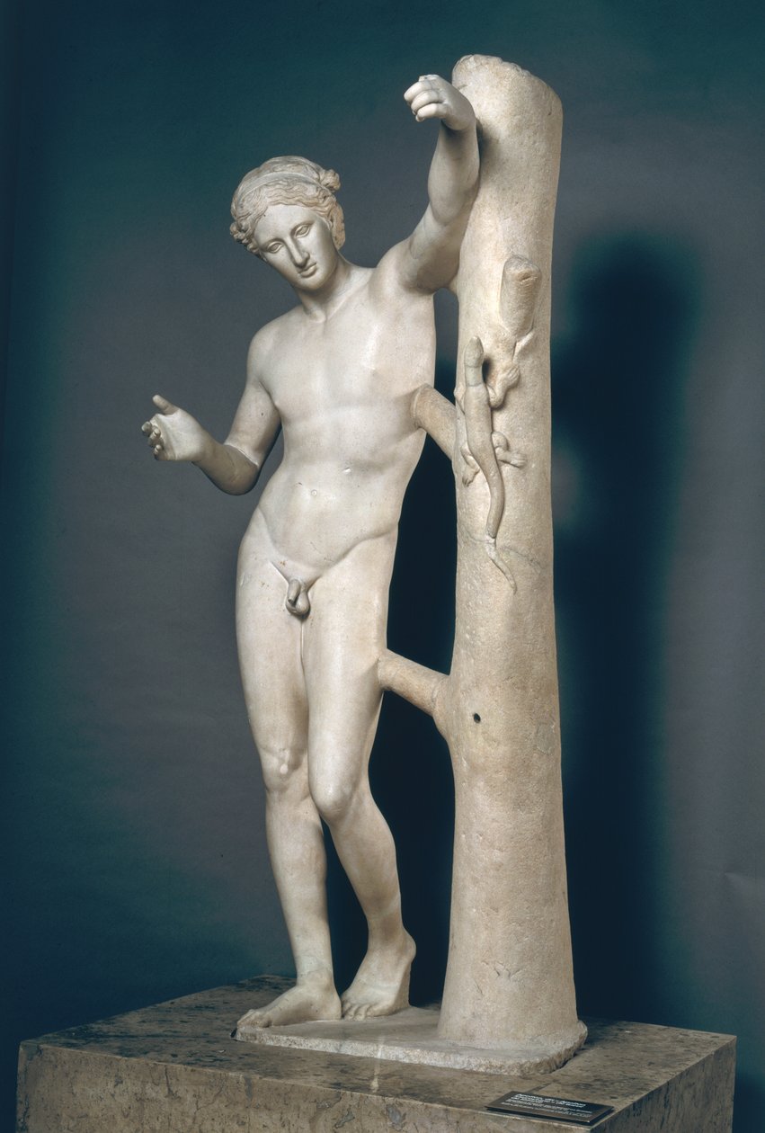 Apollo Sauroktonos (Ödledördare) Romersk kopia av en grekisk brons gjord c.350 f.Kr. och tillskriven Praxiteles (fl.c. 370-339 f.Kr.) (marmor) av Roman