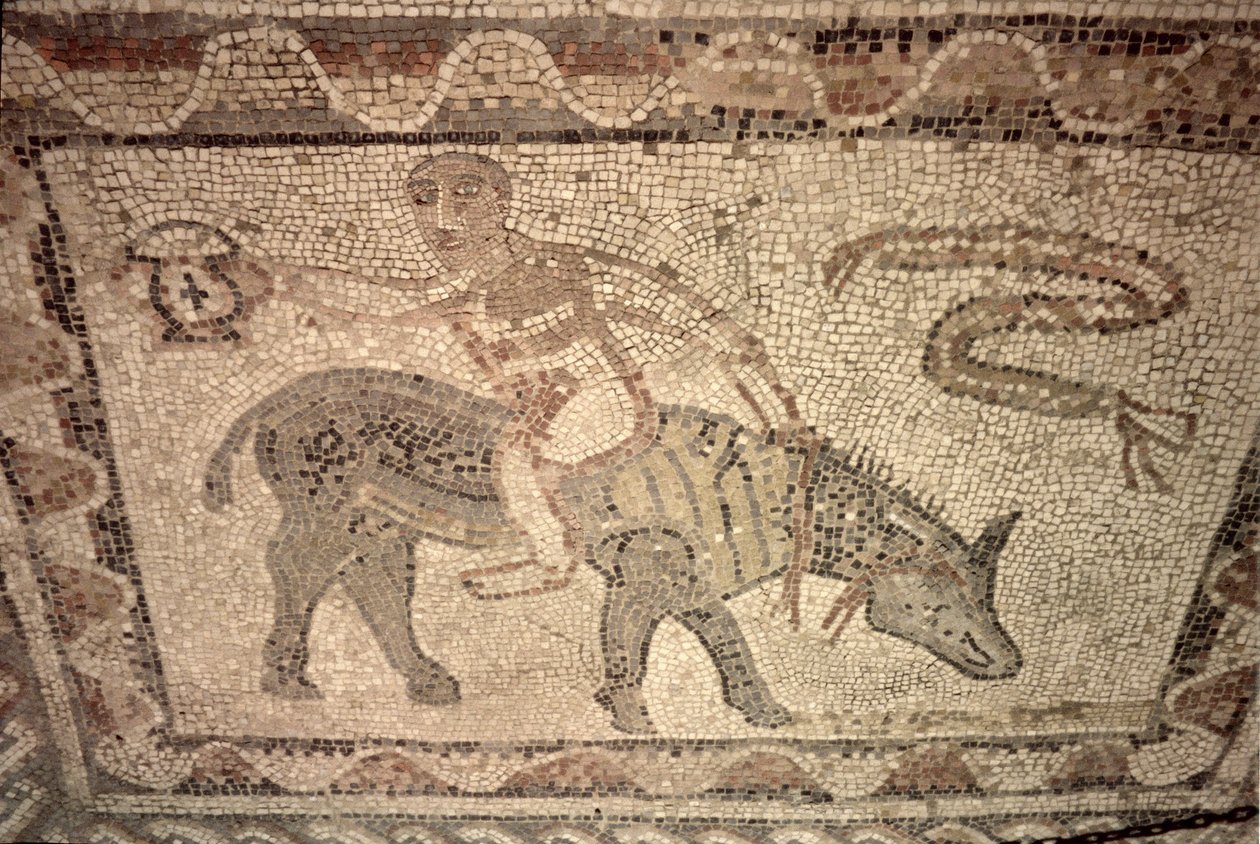 Idrottare tar emot en trofé efter att ha vunnit Desultorloppet, från golvet i ett hus (mosaik) av Roman