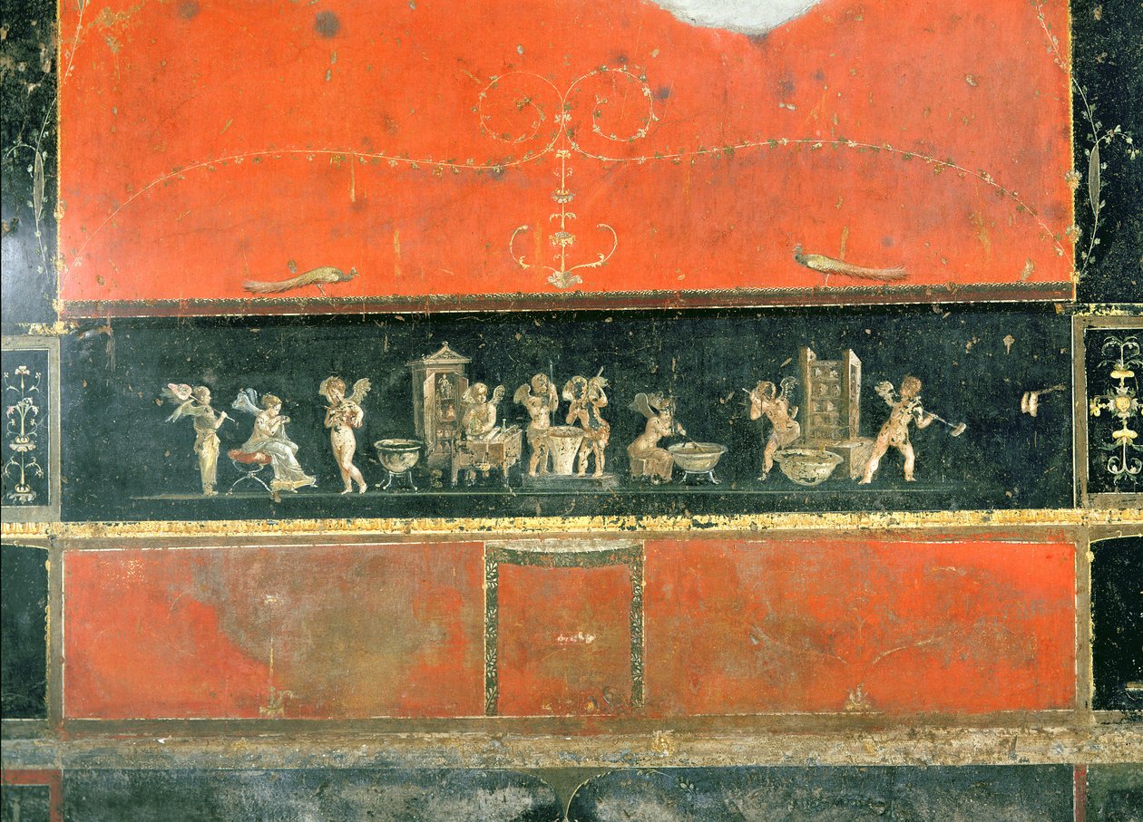 Cherubiner som utför dagliga aktiviteter, från Oecus i Casa dei Vettii (Vettiernas hus) ca 50-79 e.Kr. av Roman