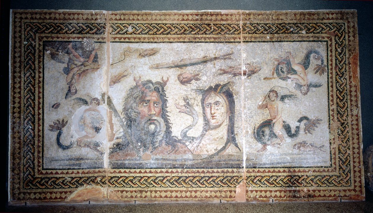 Golv med Oceanus och Tethys bland havsdjur, från Belkis (nu Zeugma) Turkiet (mosaik) av Roman
