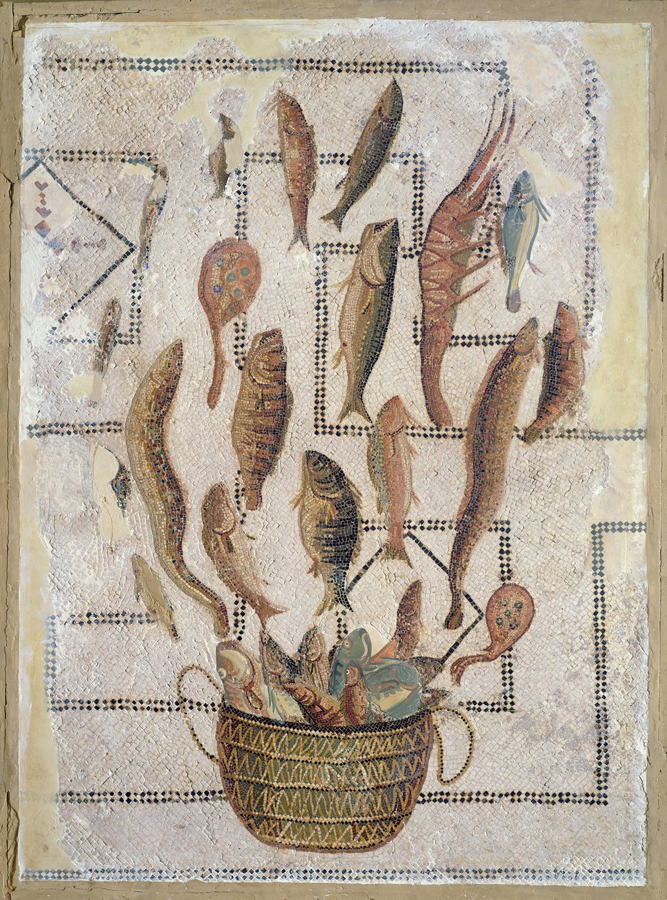 Trottoar som visar fisk som flyr från en korg, från Sousse (mosaik) av Roman