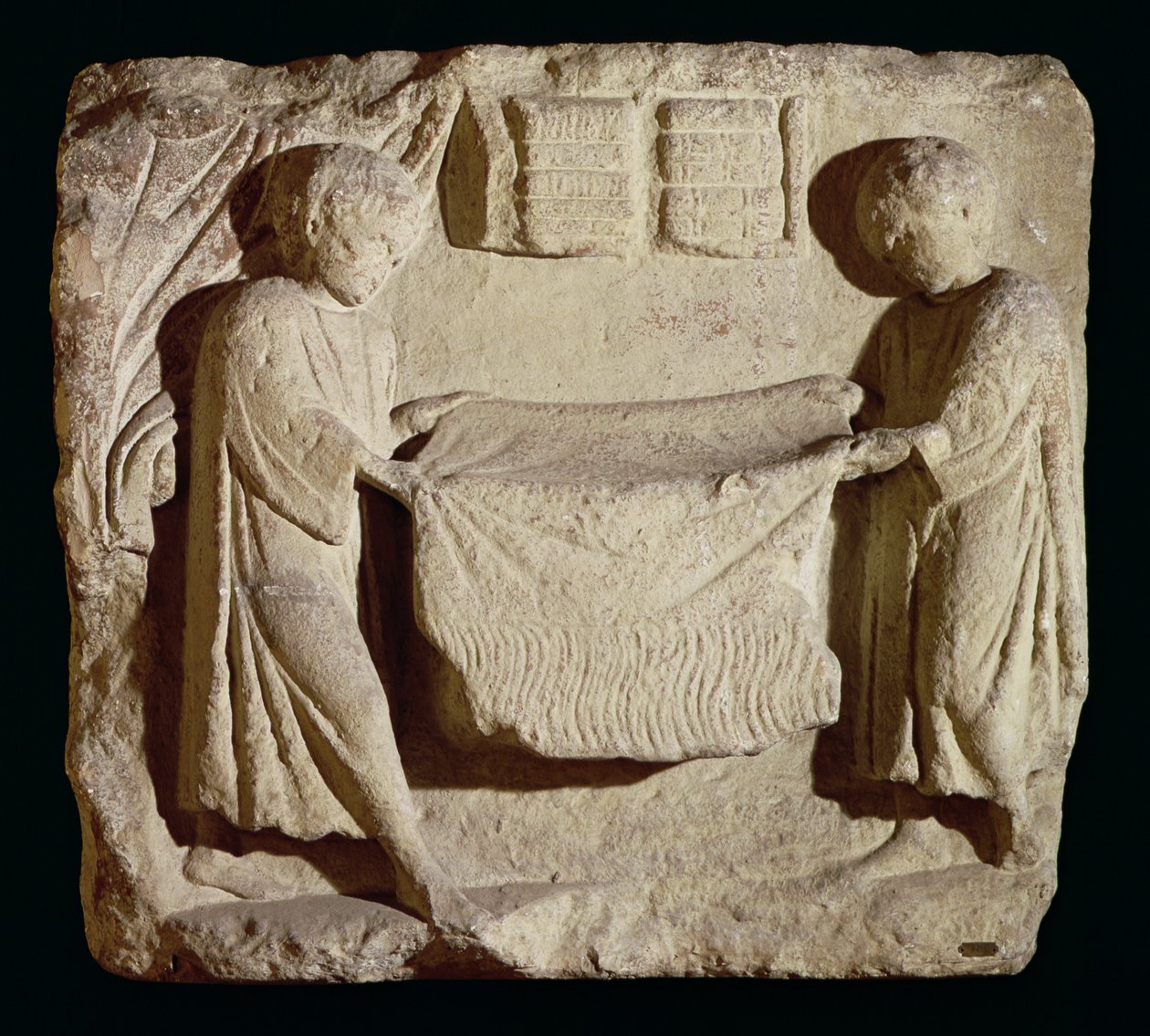 Relief föreställande en draperi i hans butik av Roman